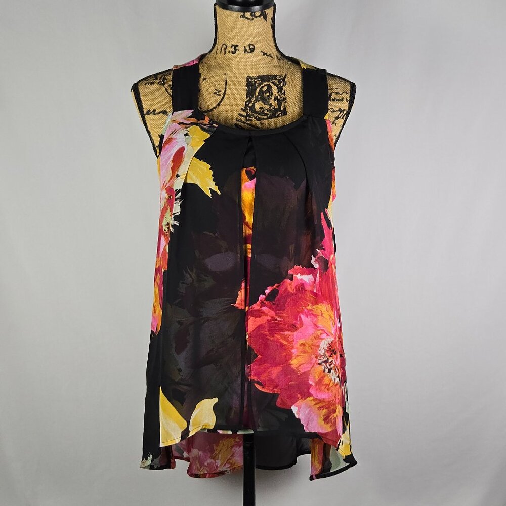 Cocomo Boho Chic Sleeveless Floral High-Low Tank Top‎ Sheer Overlay S